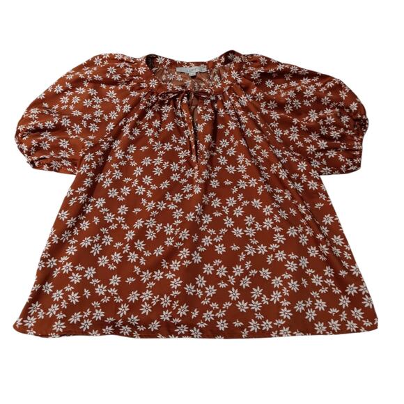 LOFT Blouse Top M Petite Flowy Boho Peasant Cottage Floral Short Sleeve Tie Neck - Picture 8 of 9